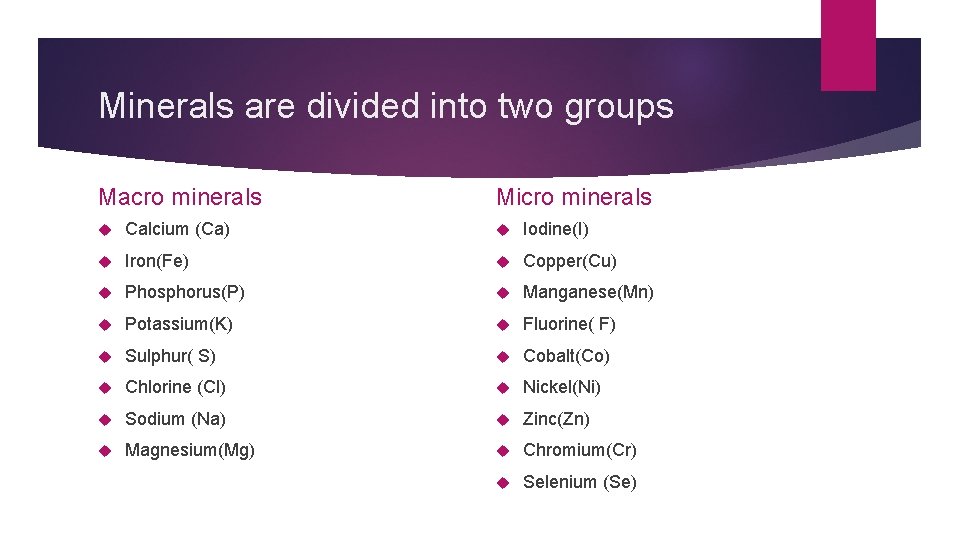 Minerals are divided into two groups Macro minerals Micro minerals Calcium (Ca) Iodine(I) Iron(Fe)