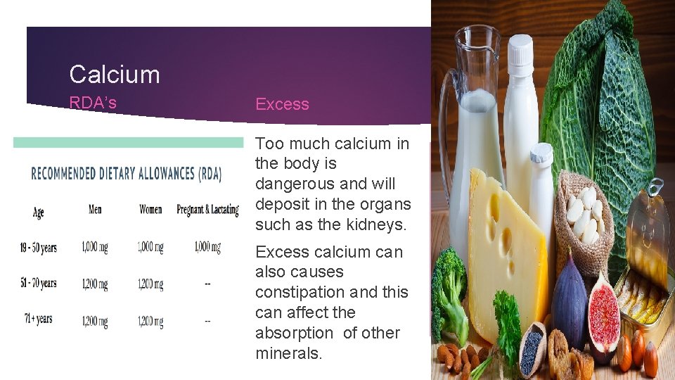 Calcium RDA’s Excess Too much calcium in the body is dangerous and will deposit