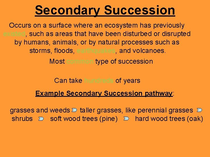 Secondary Succession Occurs on a surface where an ecosystem has previously existed, such as