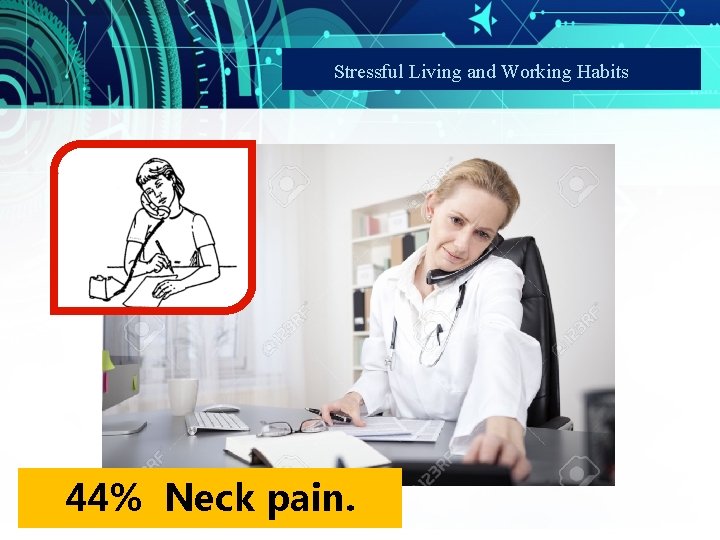 Stressful Living and Working Habits 44% Neck pain. 