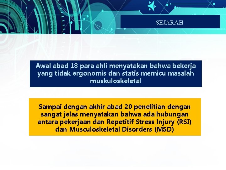 SEJARAH Awal abad 18 para ahli menyatakan bahwa bekerja yang tidak ergonomis dan statis