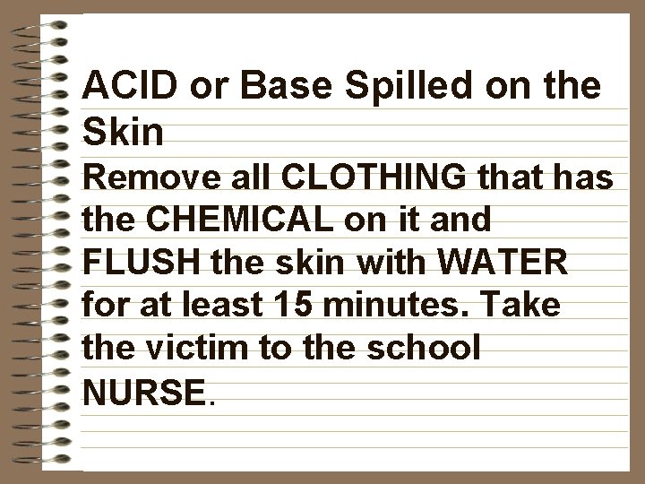 ACID or Base Spilled on the Skin Remove all CLOTHING that has the CHEMICAL