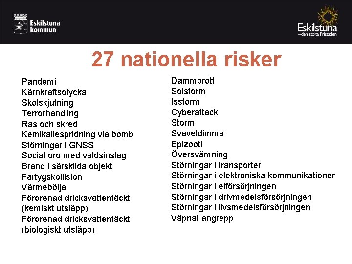 27 nationella risker Pandemi Kärnkraftsolycka Skolskjutning Terrorhandling Ras och skred Kemikaliespridning via bomb Störningar