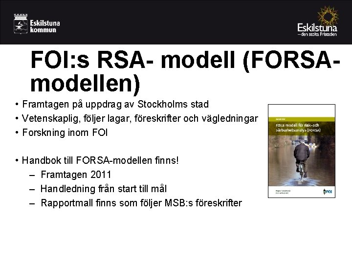 FOI: s RSA- modell (FORSAmodellen) • Framtagen på uppdrag av Stockholms stad • Vetenskaplig,