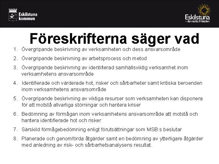 Föreskrifterna säger vad 1. Övergripande beskrivning av verksamheten och dess ansvarsområde 2. Övergripande beskrivning