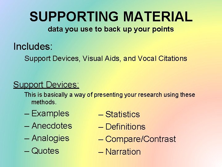 SUPPORTING MATERIAL data you use to back up your points Includes: Support Devices, Visual