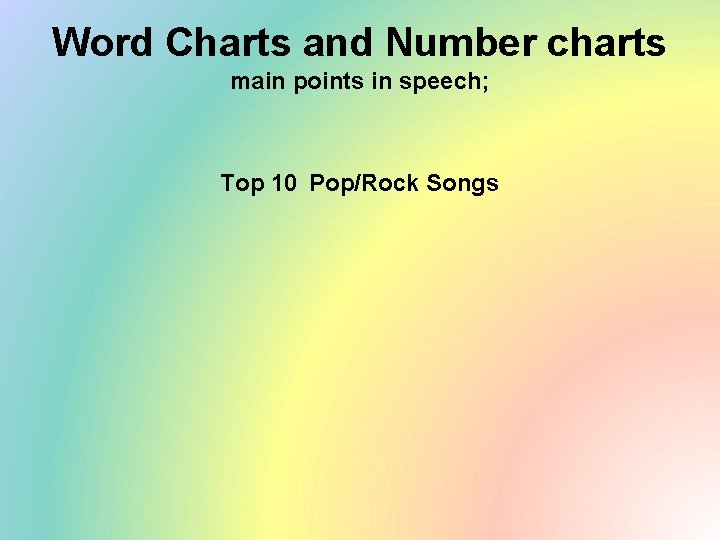 Word Charts and Number charts main points in speech; Top 10 Pop/Rock Songs 