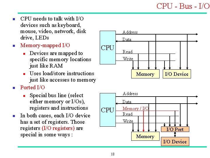CPU Bus I/O n n CPU needs to talk with I/O devices such as