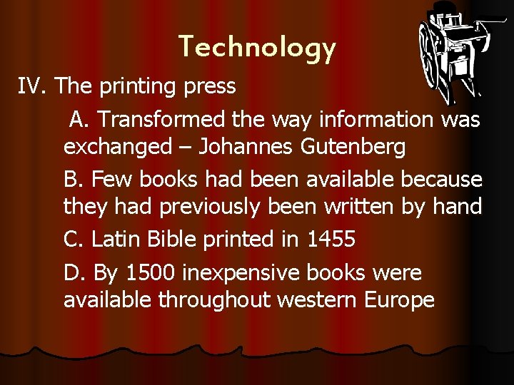 Technology IV. The printing press A. Transformed the way information was exchanged – Johannes