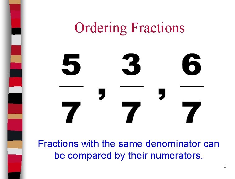 Ordering Fractions with the same denominator can be compared by their numerators. 4 