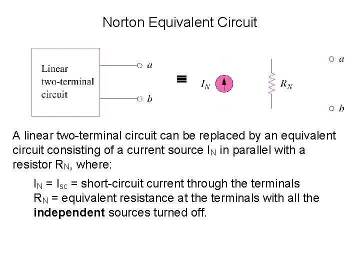Norton Equivalent Circuit A linear two-terminal circuit can be replaced by an equivalent circuit