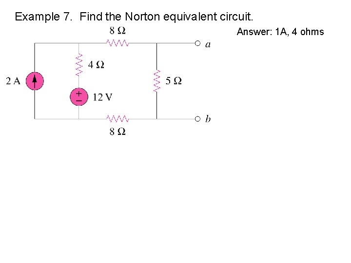 Example 7. Find the Norton equivalent circuit. Answer: 1 A, 4 ohms 