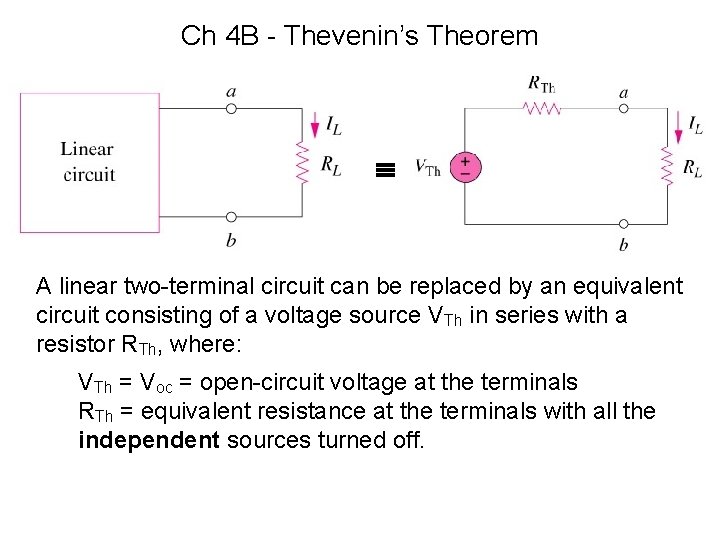 Ch 4 B - Thevenin’s Theorem A linear two-terminal circuit can be replaced by