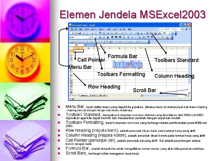 Elemen Jendela MSExcel 2003 Formula Bar Cell Pointer Menu Bar Toolbars Formatting Row Heading