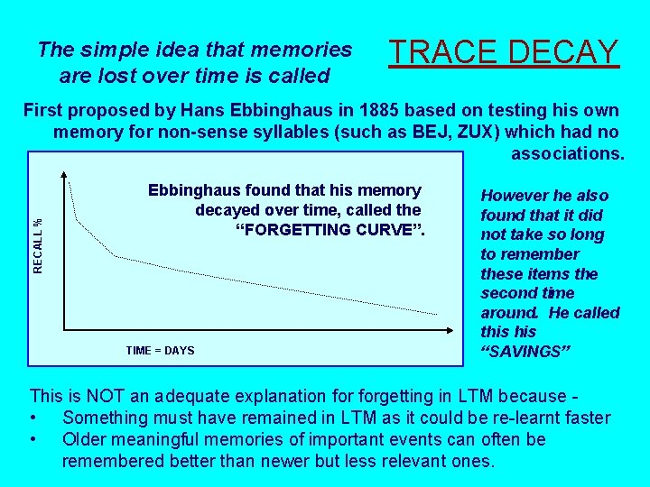 The simple idea that memories are lost over time is called TRACE DECAY RECALL