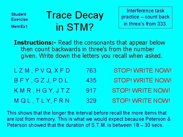 Student Exercise Mem. Ex 1 Trace Decay in STM? Interference task practice – count