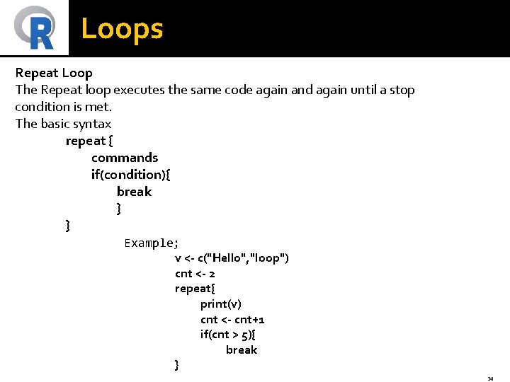 Loops Repeat Loop The Repeat loop executes the same code again and again until
