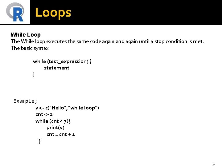 Loops While Loop The While loop executes the same code again and again until