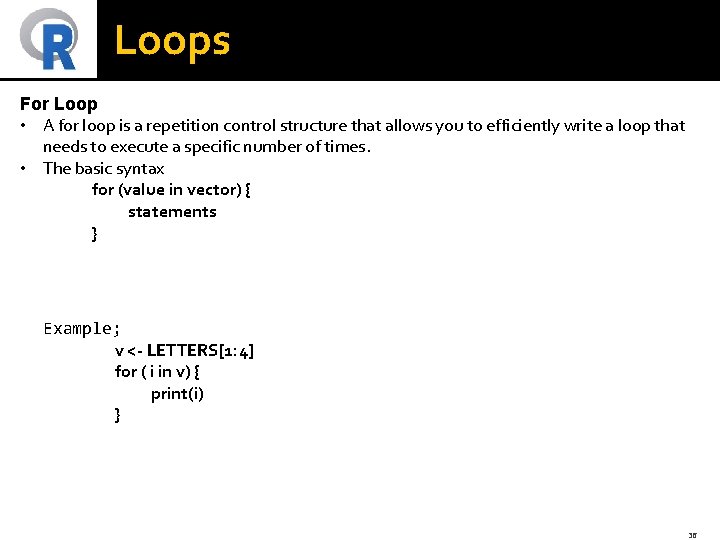 Loops For Loop • A for loop is a repetition control structure that allows