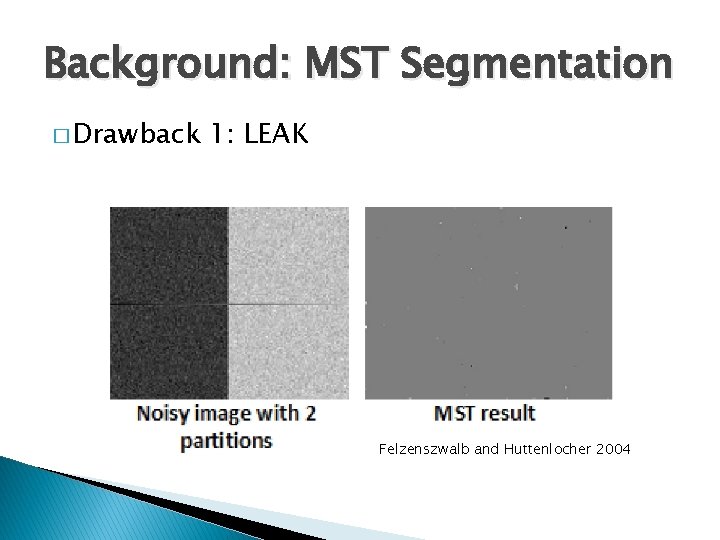 Background: MST Segmentation � Drawback 1: LEAK Felzenszwalb and Huttenlocher 2004 