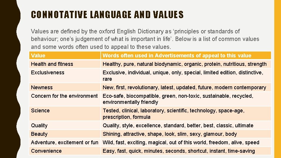 CONNOTATIVE LANGUAGE AND VALUES Values are defined by the oxford English Dictionary as ‘principles