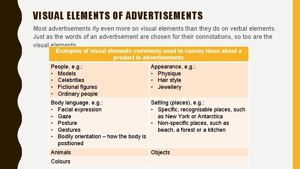 VISUAL ELEMENTS OF ADVERTISEMENTS Most advertisements rly even more on visual elements than they