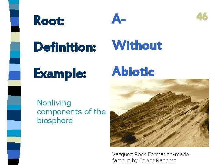 Root: A- Definition: Without Example: Abiotic Nonliving components of the biosphere Vasquez Rock Formation-made