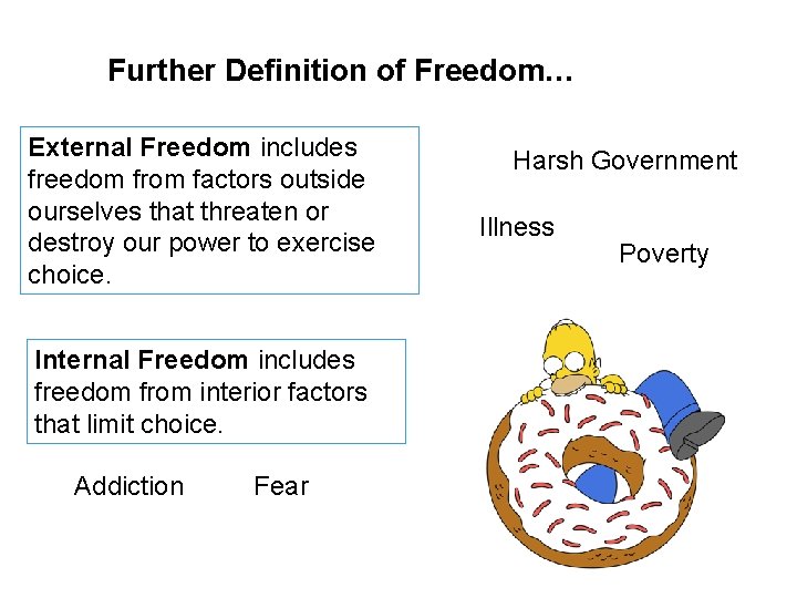 Further Definition of Freedom… External Freedom includes freedom from factors outside ourselves that threaten