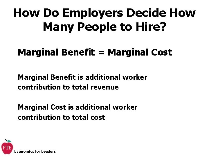 How Do Employers Decide How Many People to Hire? Marginal Benefit = Marginal Cost