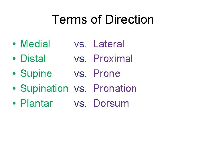 Terms of Direction • • • Medial Distal Supine Supination Plantar vs. vs. vs.