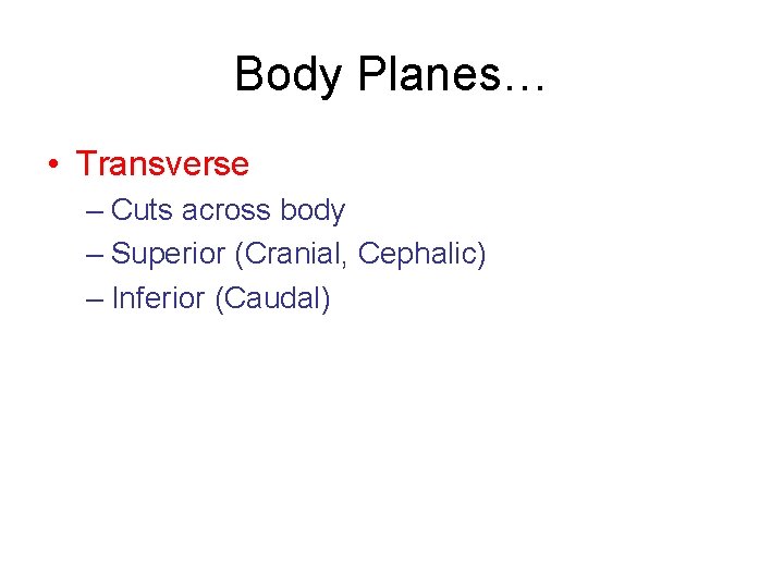 Body Planes… • Transverse – Cuts across body – Superior (Cranial, Cephalic) – Inferior