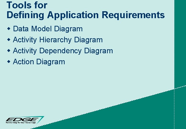 Tools for Defining Application Requirements w Data Model Diagram w Activity Hierarchy Diagram w