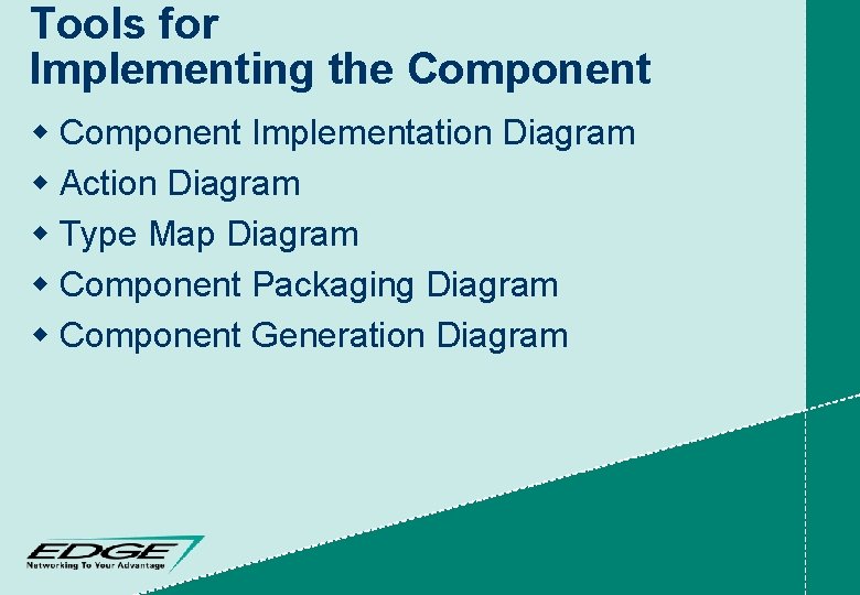 Tools for Implementing the Component w Component Implementation Diagram w Action Diagram w Type