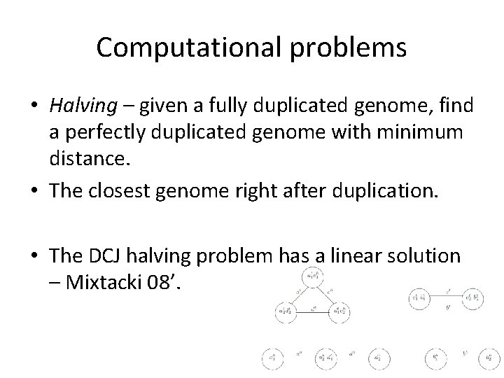 Computational problems • Halving – given a fully duplicated genome, find a perfectly duplicated
