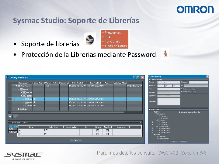 Sysmac Studio: Soporte de Librerías • Programas • FBs • Funciones • Tipos de