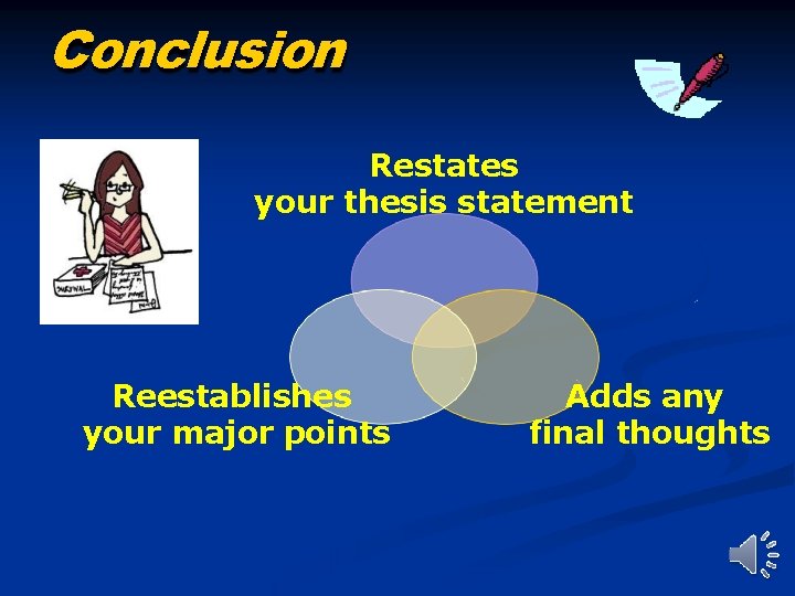 Conclusion Restates your thesis statement Reestablishes your major points Adds any final thoughts 