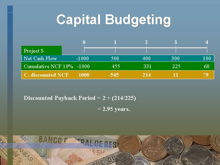 Capital Budgeting 0 Project S Net Cash Flow -1000 Cumulative NCF 10% -1000 C.