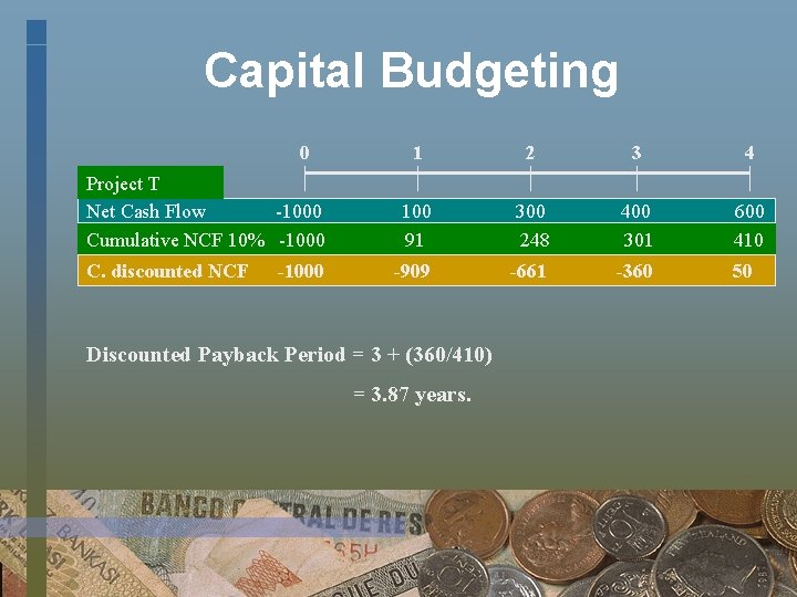 Capital Budgeting 0 Project T Net Cash Flow -1000 Cumulative NCF 10% -1000 C.