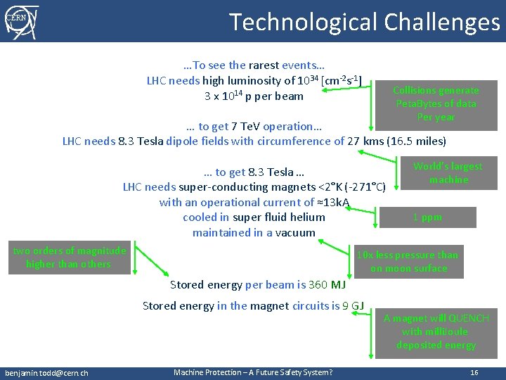 Technological Challenges CERN …To see the rarest events… LHC needs high luminosity of 1034