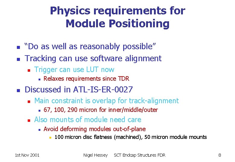 Physics requirements for Module Positioning n n “Do as well as reasonably possible” Tracking