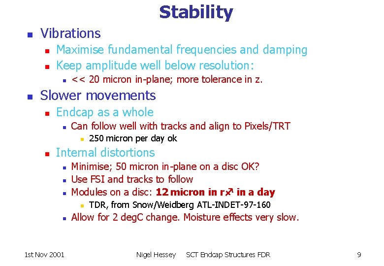 Stability n Vibrations n n Maximise fundamental frequencies and damping Keep amplitude well below