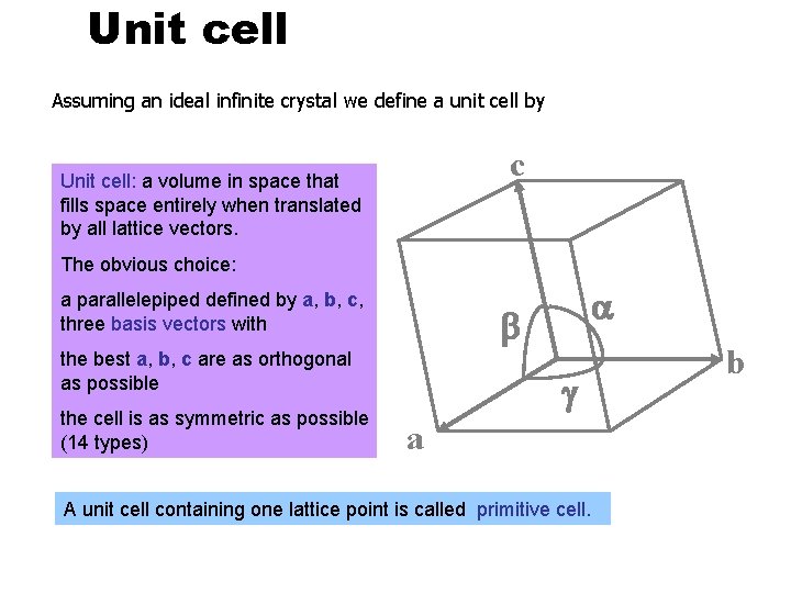 Unit cell Assuming an ideal infinite crystal we define a unit cell by c