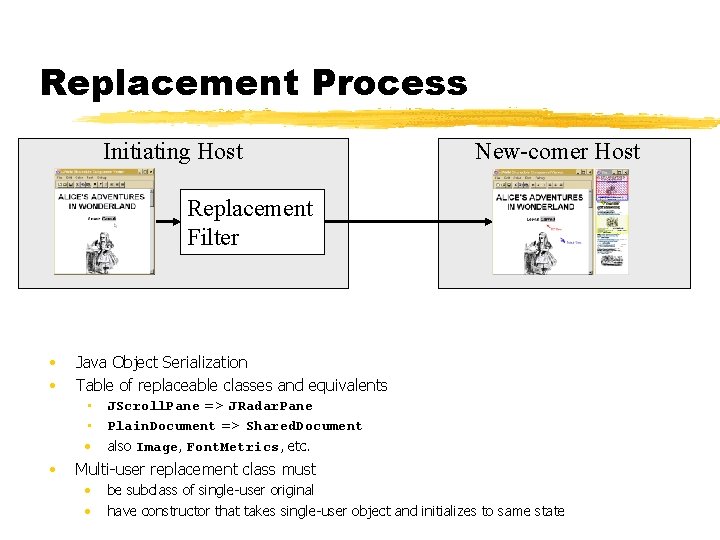 Replacement Process Initiating Host New-comer Host Replacement Filter • • Java Object Serialization Table