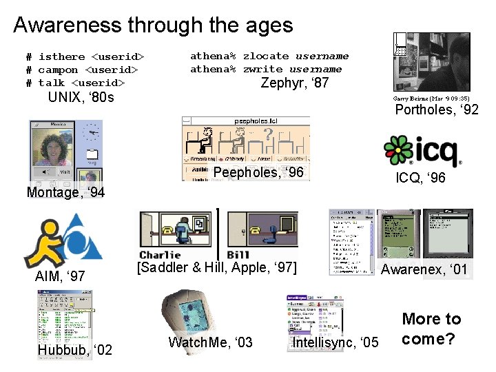 Awareness through the ages # isthere <userid> # campon <userid> # talk <userid> athena%
