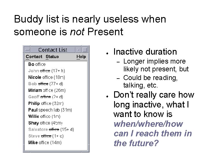 Buddy list is nearly useless when someone is not Present ● Inactive duration –