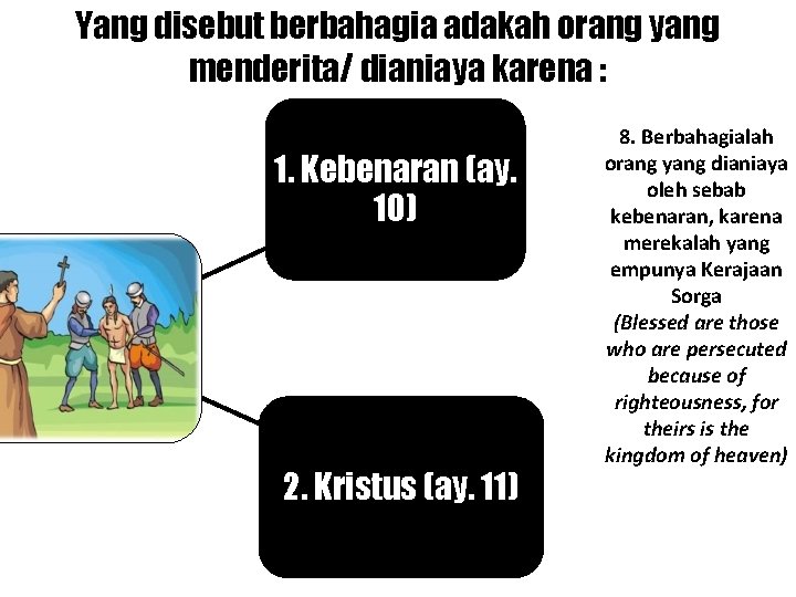 Yang disebut berbahagia adakah orang yang menderita/ dianiaya karena : 1. Kebenaran (ay. 10)