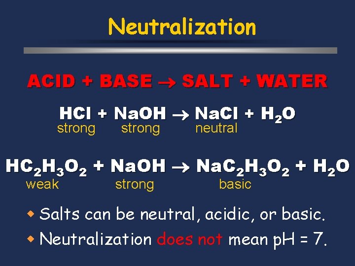 Neutralization ACID + BASE SALT + WATER HCl + Na. OH Na. Cl +