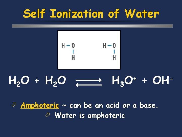 Self Ionization of Water H 2 O + H 2 O H 3 O+