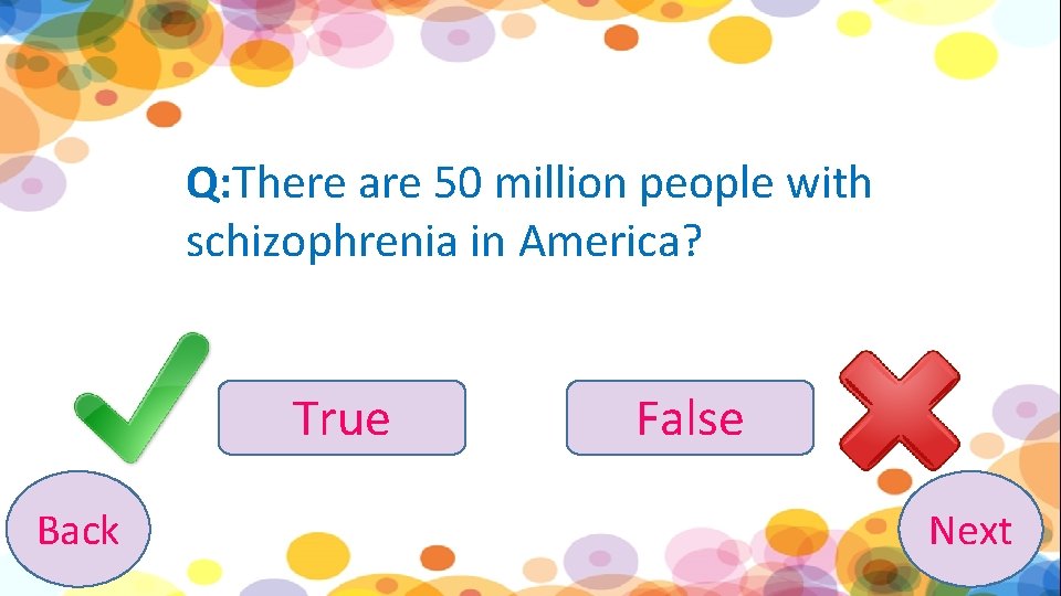 Q: There are 50 million people with schizophrenia in America? True Back False Next