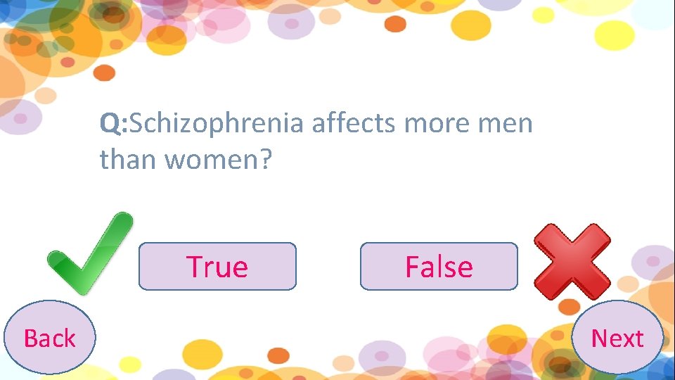 Q: Schizophrenia affects more men than women? True Back False Next 